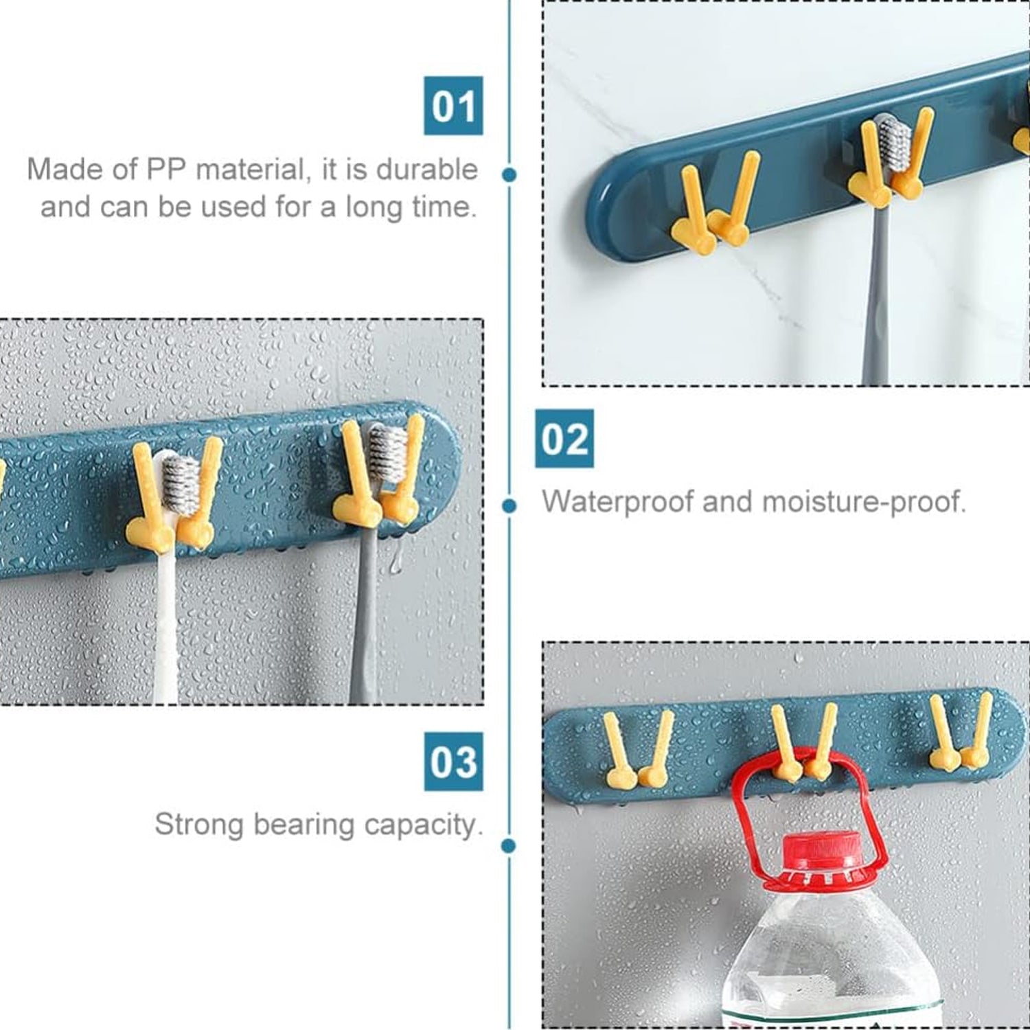 Wall-mounted bathroom shelf with hooks, ideal for organizing toothbrushes. Wall-mounted bathroom shelf with hooks, ideal for organizing toothbrushes.